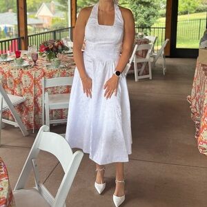 Floral Jacquard Midi White Halter Dress